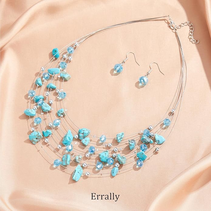Multi-Layer Boho Shell Beaded Necklace for Women Colorful Crystal Strand with Silver Beads Statement Collars Necklace and Earrings Costumes Jewelry Sets for Women