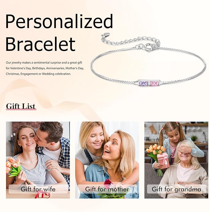 925 Sterling Silver Personalized Mom Birthstone Bracelets for Women — Custom Adjustable Dainty Jewelry for Mother’s Day, Birthday, Christmas Gifts for Mom Grandma Wife