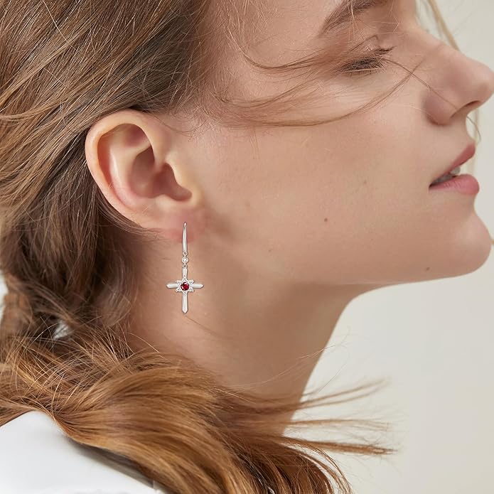 FANCIME Cross Dangle Drop Earrings 925 Sterling Silver Dainty Round Birthstone Earring Fine Jewelry Birthday Gifts for Her Women