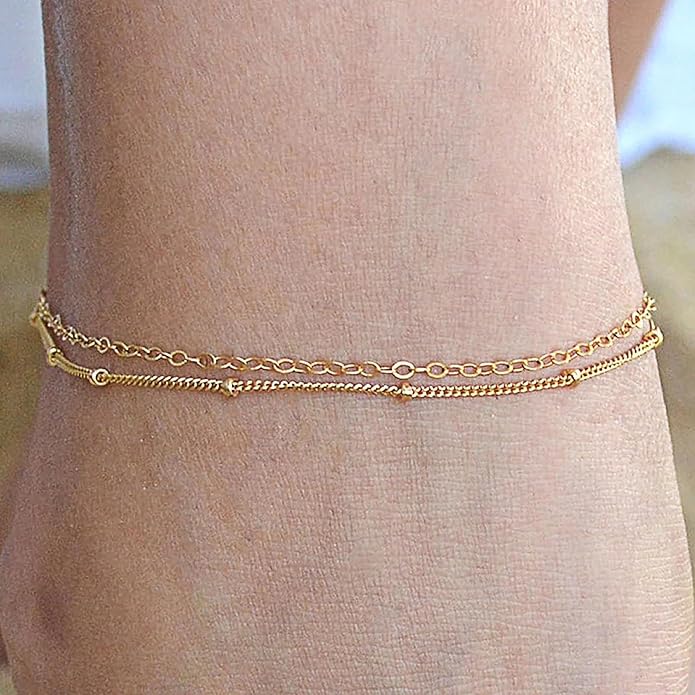 Pencros Dainty Layered Anklet,14K Gold Filled Cute Beads Satellite Chain Heart Boho Adjustable Anklets for Women