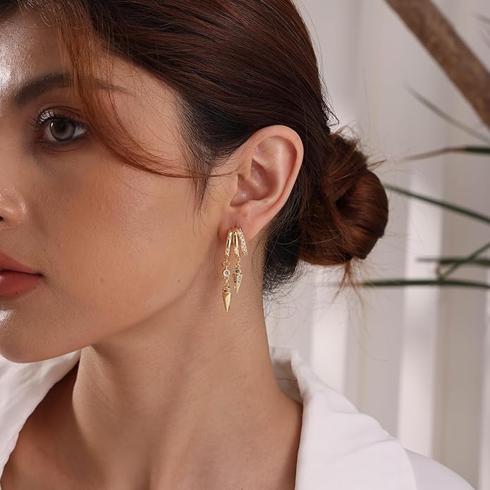 Dangle Earrings for Women,14k Gold Plated Triple Huggie Stud Earrings Dainty Drop Earrings for Women Trendy Gold Statement CZ Long Chain Earrings Non Tarnish Jewelry