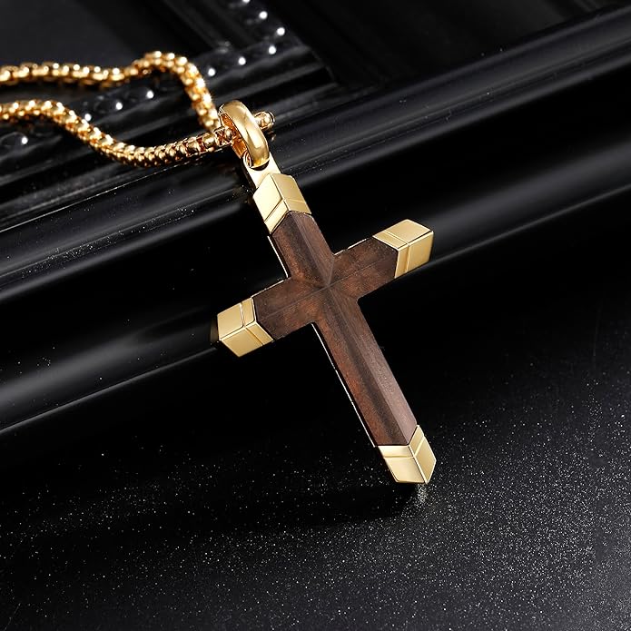 GTMJ Cross Necklace for Men -Stainless Steel & Wood Adjustable Box Chain 24-26in, Spiritual Jewelry Gift for Him, Everyday Wear