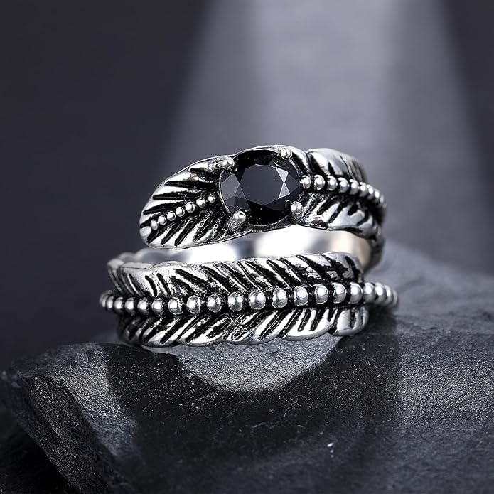 Sterling Silver Feather Ring with Black Onyx & Turquoise - Adjustable Stacking Vintage Statement Ring for Women & Men