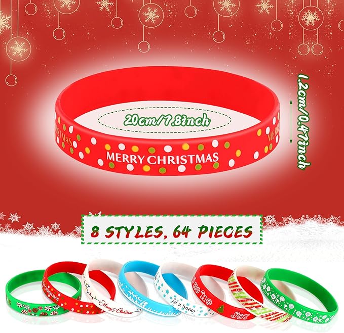 JUNEBRUSHS 64pcs Christmas Wristband Silicone Bracelets Bulk Elk Xmas Tree Snowflake Pattern Rubber Bracelet for Christmas Birthday Decoration Kids Party Favor Gift Supplies（8 Designs）