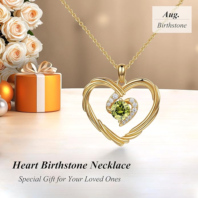 G&GEMSJEW 18K Gold Heart Birthstone Necklaces for Women, S925 Sterling Silver Jewelry Birthday Gifts for Women Wife Girlfriend Mom, Anniversary Christmas Valentines Gifts