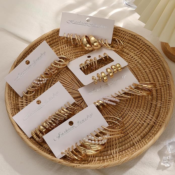 FAXHION 36 Pairs Gold Earrings Set for Women, Fashion Pearl Chain Link Stud Drop Dangle Earrings Multipack Hoop Earring Packs, Hypoallergenic Earrings for Birthday Party Jewelry