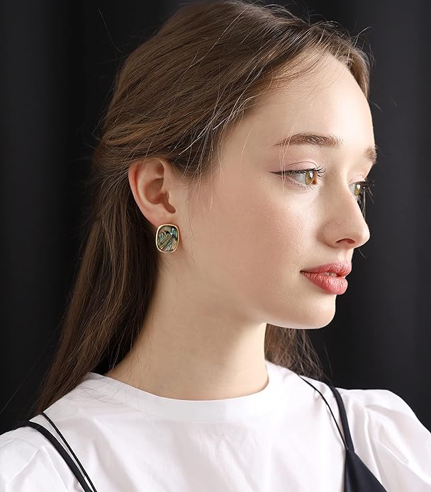 M.DUN- Round Edges Rectangle Shape Studs Earring. Abalone Amber Turquoise Resin Stone Design, 18k Real Gold Plated Bezel, Hypoallergenic Gorgeous Gift for Women