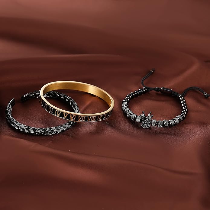 WFYOU 3PCS Stainless Steel Bracelets for Men Gold Roman Numeral Bangle Bracelet Twisted Cable Bracelet Adjustable Cuff Bracelet Mens Luxury Jewelry Bracelets Gifts