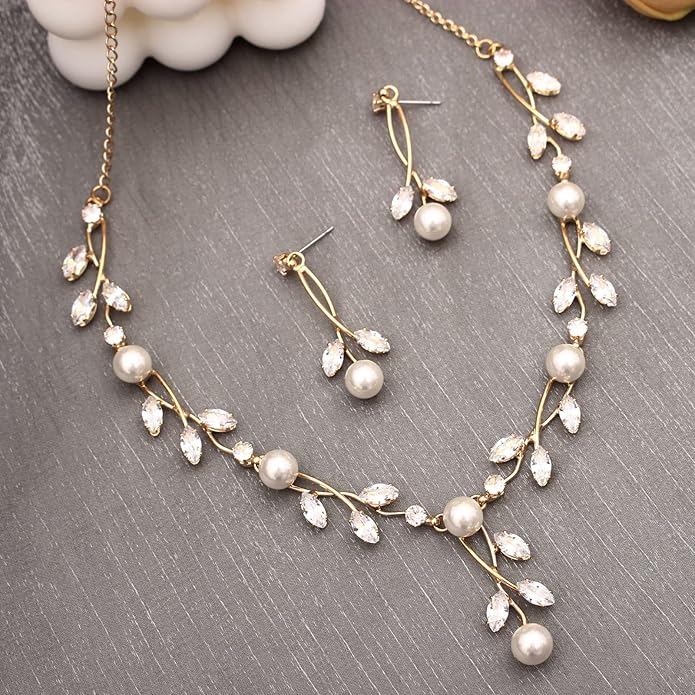 Luxury Cubic Zirconia Aurtrian Crystal Pearl Floral Necklace Dangle Earrings Wedding Bridal Jewelry Set Birthday Gifts for Her