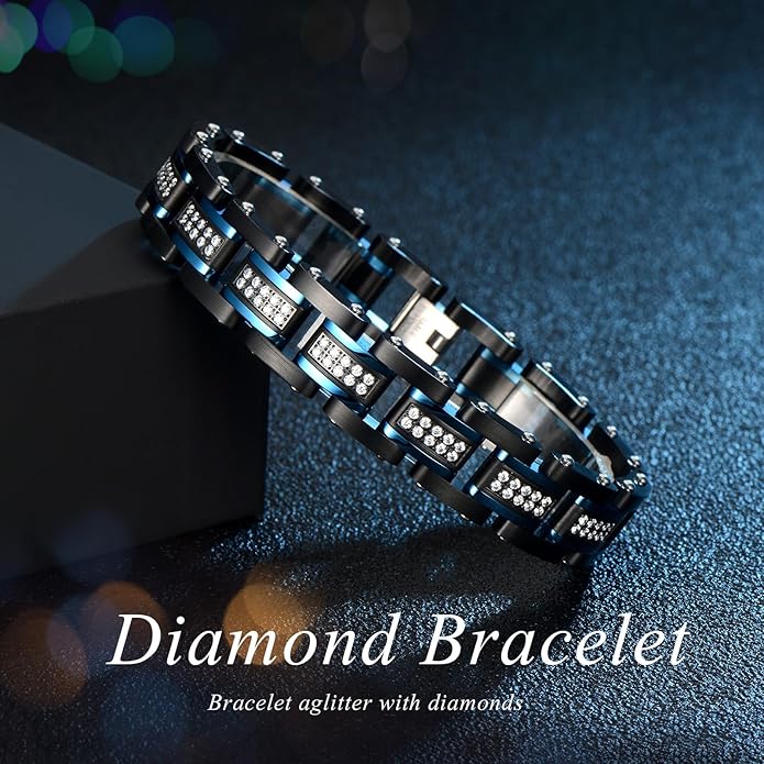 Holizaly Men's Stainless Steel Two Tone Square Link Bracelet, Black and Blue Ion Plated Black