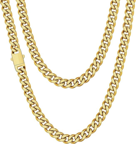 Fiusem Valentines Day Gifts for Him Silver Tone/Black/14K Gold Plated Chain Necklace for Men, 5mm/6mm/7.5mm/8mm/9mm Stainless Steel Cuban Link Chain Necklace, Men's Chains 18-28 Inch Jewelry Gifts