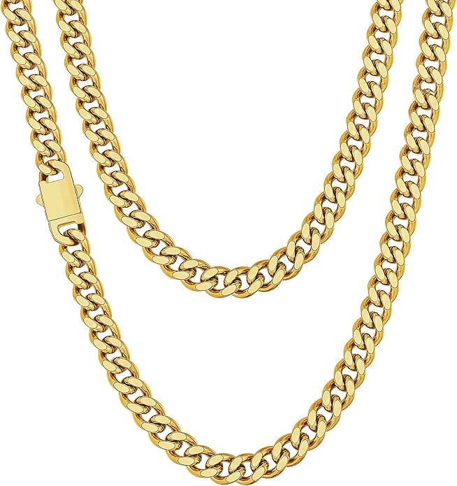 Fiusem Valentines Day Gifts for Him Silver Tone/Black/14K Gold Plated Chain Necklace for Men, 5mm/6mm/7.5mm/8mm/9mm Stainless Steel Cuban Link Chain Necklace, Men's Chains 18-28 Inch Jewelry Gifts