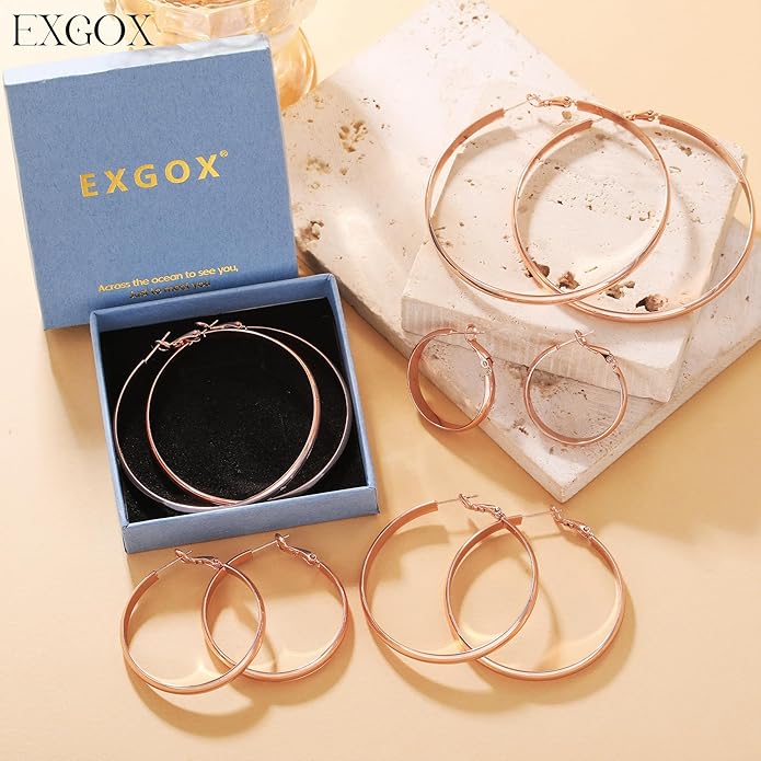 EXGOX 5mm Wide Gold Hoop Earrings for Women,Sterling Silver Hoop Earrings Large Silver Hoop Earrings Hypoallergenic Lightweight 14K Real Gold Plated Big Hoop Earrings for Women 30/40/50/60/70mm