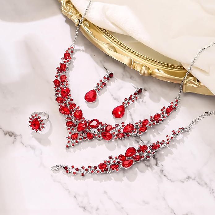 BriLove Wedding Bridal Jewelery for Women Austrian Crystal Teardrop Cluster Statement Necklace Dangle Earrings Link Bracelet Set