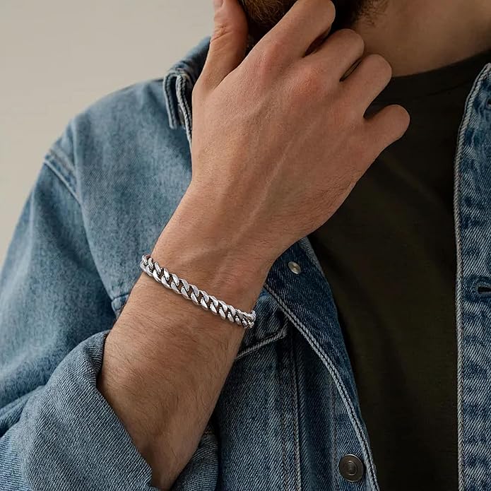 Fiusem Mens Silver Colored Bracelets for Men, Stainless Steel Cuban link Bracelet, 5mm/7mm/8mm Width, 7.1"/7.5"/7.9" Length Jewelry