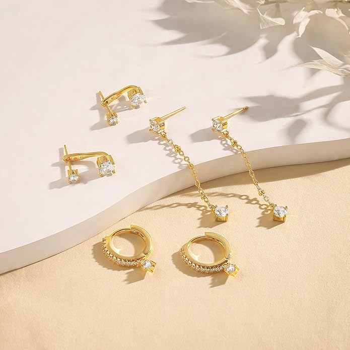 3 Pairs Earrings Set for Multiple Piercings, Gold Plated Studs Hoop Earrings Stack, CZ Dangle Earrings Set, Hypoallergenic for Sensitive Ears, Women's Gift