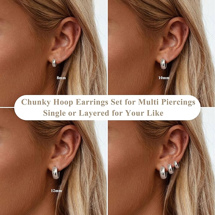 Small Chunky 14K Gold Plated Hoop Earrings for Women - Hypoallergenic Earrings for Sensitive Ears Earrings Set Thick Huggie Hoops Earring Stacks Silver Plated Jewelry