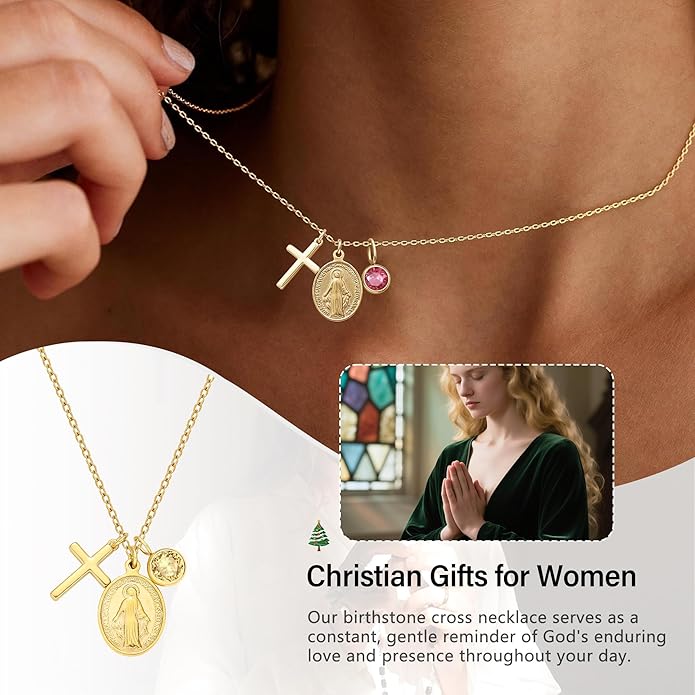 Gold Cross Necklaces for Women, 1-12 Birthstone Necklace Stocking Stuffers for Her Faith Confirmation Gifts for Teen Girls Virgin Mary Necklace Gifts for Christians Birthday Baptism Religious Jewelry