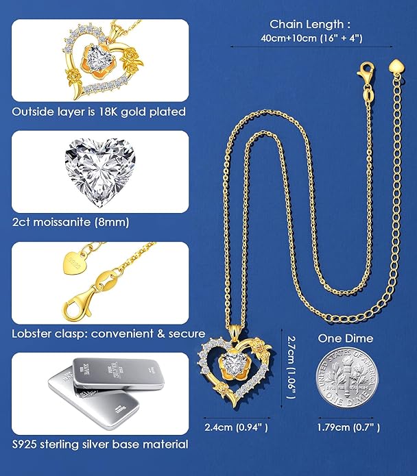 Beam & Bask Rose Flower Love Heart Necklace for Wife, 2-3 Carat Moissanite Women's Pendant, Sterling Silver Plated with 18K Gold, Anniversary Birthday Wedding Jewelry for Girlfriend Soulmate Her
