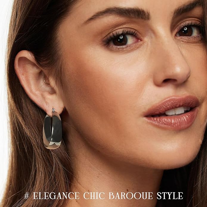 EXGOX Gold Hoop Earrings for Women Sterling Silver Post Hoops Earrings for Women Wide Thick Silver Hoop Earrings Hypoallergenic Lightweight 14k Real Gold Plated Hoop Large Earrings (25/30/40/50MM)