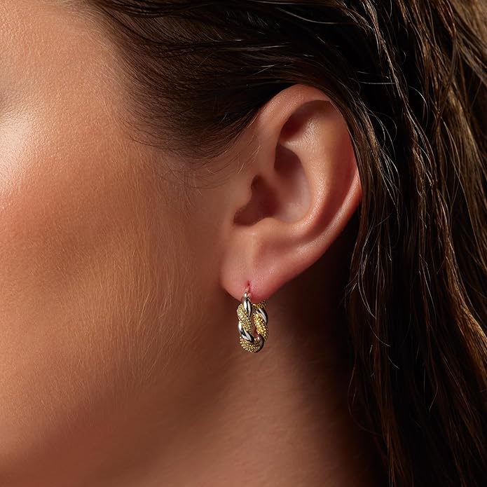Milla Two Tone Earrings - Small Twisted 14K Gold and Sterling Silver Plated Mixed Metal Earrings, Lightweight and Hypoallergenic