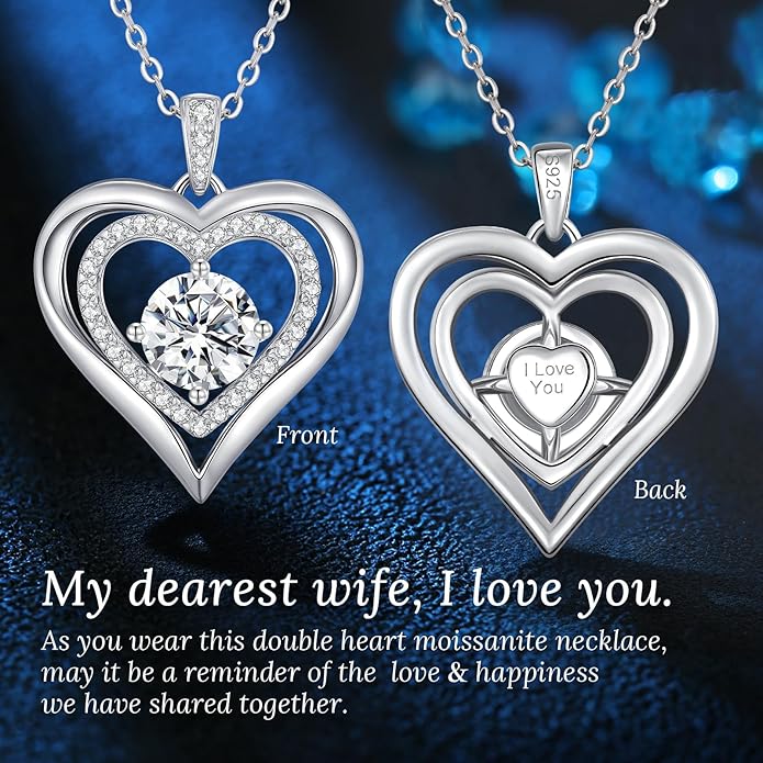 Moissanite Heart Pendant Necklaces for Women, 925 Sterling Silver Necklace Engraved with 'I LOVE YOU', Ideal Anniversary Birthday Christmas Valentine Mothers Day Jewelry Gifts for Mom Wife Girlfriend Daughter Her
