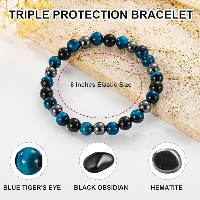 Triple Protection Bracelet for Men, Mens Black Obsidian Hematite Tiger Eye Beaded Natural Stone Evil Eye Bracelet Jewelry Gifts for Birthday Christmas