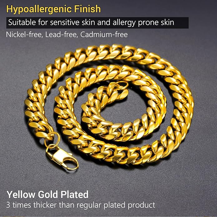 PROSTEEL 316L Stainless Steel Figaro Cuban Chain Necklace for Men, Black/18K Real Gold Plated, 4/5/6/7.5/9/10/13mm, 14inch-30inch, Come with Box