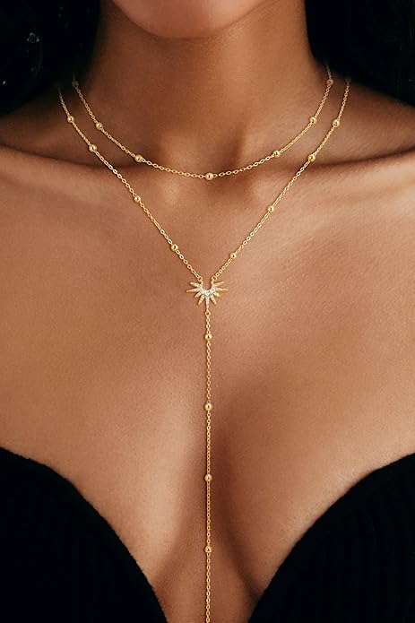 CHESKY Lariat Gold Necklace for Women Trendy, Dainty Long Necklace 14k Gold Plated/Silver Y-Shaped Pendant Necklace Layered Cz Beaded Chain Drop Necklaces Simple Gold Jewelry For Women Gift