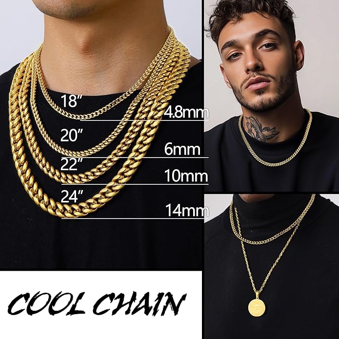 PROSTEEL 316L Stainless Steel Figaro Cuban Chain Necklace for Men, Black/18K Real Gold Plated, 4/5/6/7.5/9/10/13mm, 14inch-30inch, Come with Box