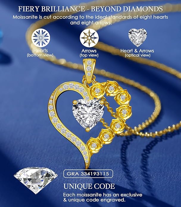 Beam & Bask 2-3 Carat Moissanite Rose Flower Heart Necklace for Her, Sterling Silver Plated with 18K Gold, Birthday, Wedding, Anniversary Pendant Jewelry for Girlfriend, Wife, Bride, Soulmate