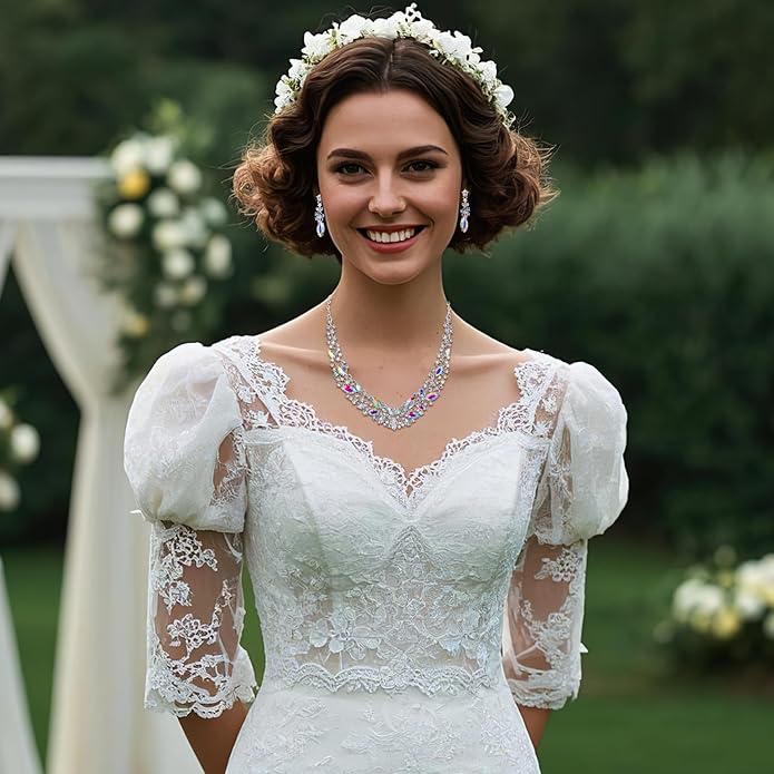 BriLove Women's Wedding Bridal Austrian Crystal Marquise Cluster Collar Necklace Dangle Earrings Set