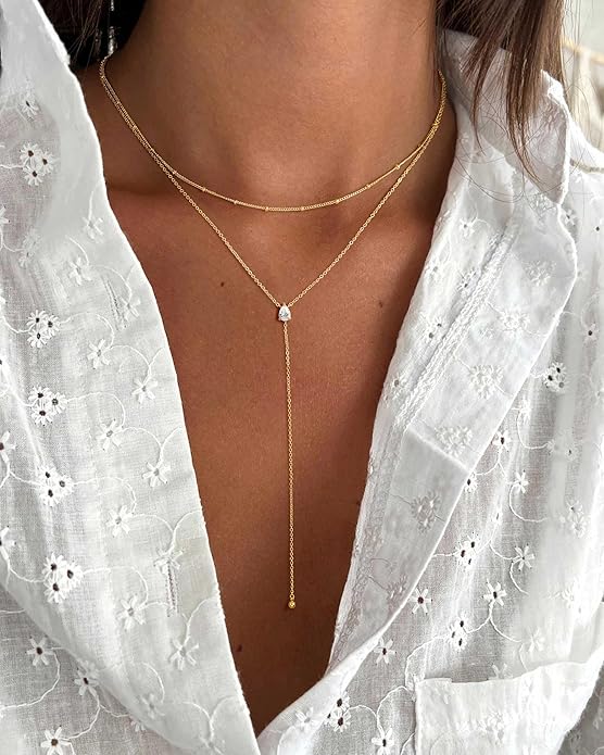 Ursteel Dainty Lariat Necklace for Women, 14K Gold Plated Y-Shaped Long Necklace Layered Drop Necklaces Pearl Cross Clover CZ Charm Necklaces for Women Christmas Jewelry Gifts Stocking Stuffers