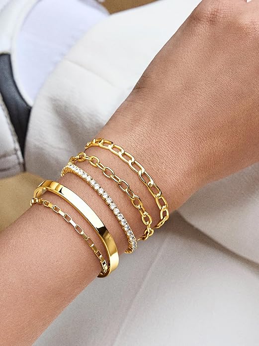 Gold Bracelets for Women Non Tainish,Dainty Bracelets Stack for Women Trendy, Gold Plated Cuff Bracelets Stack With Beaded Cuban Paperclip Snake Rope Bangle Hand Chain Jewelry Gifts for Women