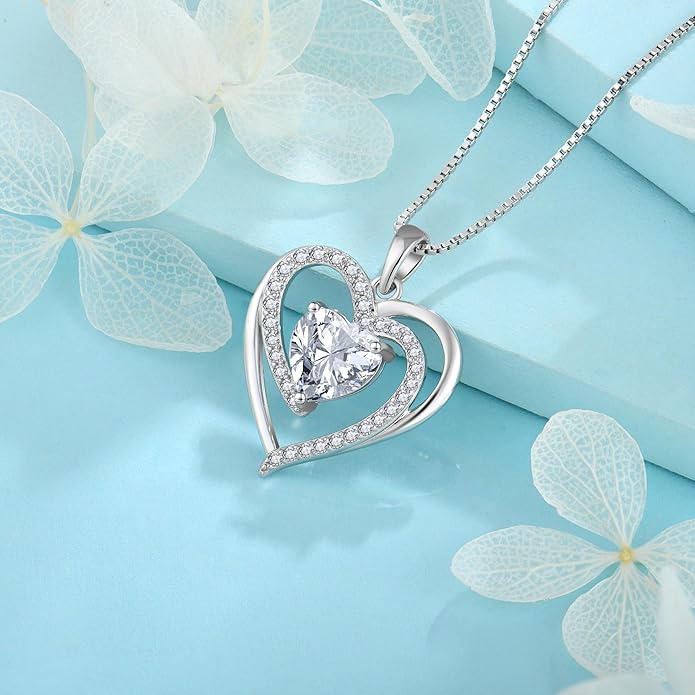 FJ Love Heart Necklace for Women 925 Sterling Silver Birthstone Pendant Anniversary Birthday Jewelry