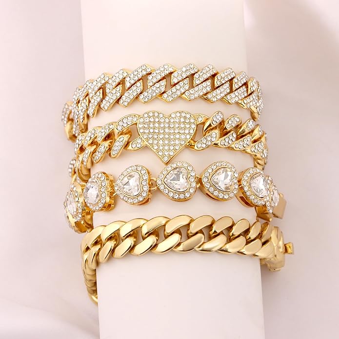 shopbyskyler 4PCS Gold Bracelets for Women Silver Clustered Tennis Bracelet for Women Heart Round Diamond Cuban Bracelet Layered Link Bracelet Set Fashion Jewelry for Women Set