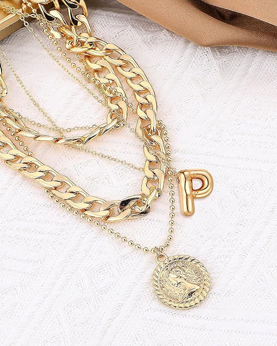 MJartoria Layered Necklaces for Women Trendy Balloon Initial Coin Pendant Necklace Dainty Chunky Chain Choker Necklaces Jewelry Birthday Gifts