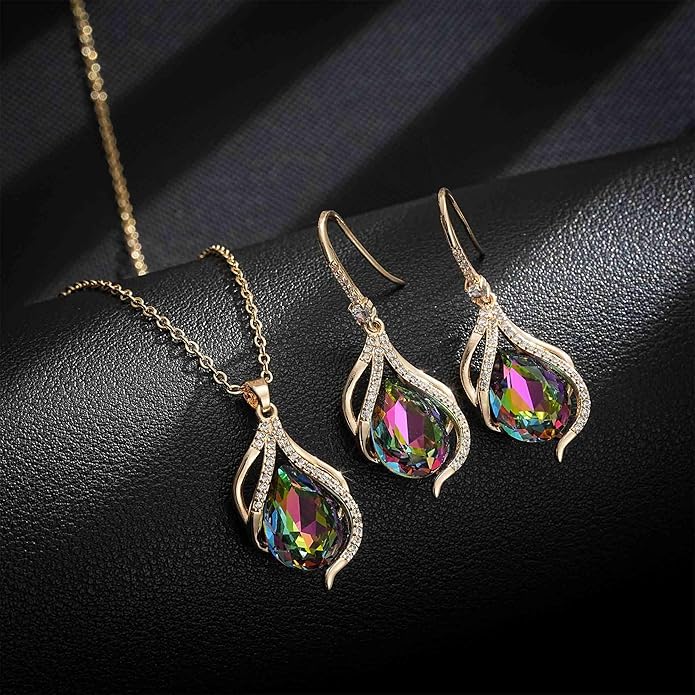 EVEVIC Austrian Crystals Teardrop Hollow Twisted Pendant Necklace Earrings for Women 14K Gold Plated Halo Drop Dangle Earrings Hypoallergenic Jewelry Set