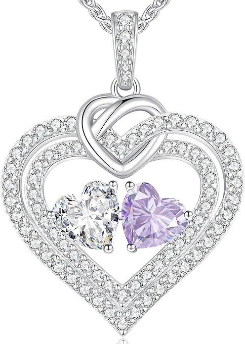 LOUISA SECRET Sparkling Double Heart Birthstone Necklaces for Women, 925 Sterling Silver Fine Jewelry, Pendant Heart Necklaces Birthday Anniversary Christmas Gift for Women Wife Mom Girlfriend Lady
