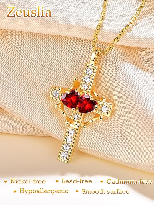 Zeuslia Double Birthstone Necklace Gifts for Wife - 925 Sterling Silver Sunflower/Rose/Crown Cross/Compass/Heart Pendant I Love You Necklace, Anniversary Birthday Gifts for Wife Girlfriend Mom Her