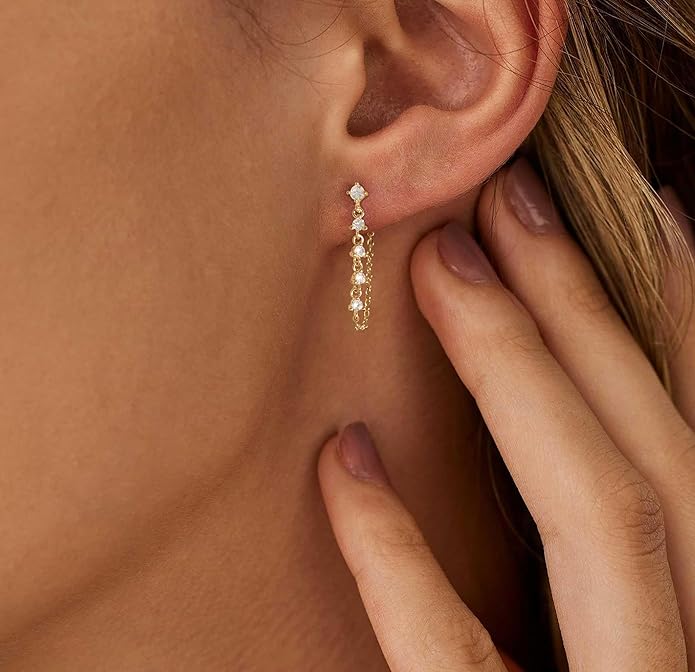 Gold Earrings for Women,Dainty 14k Gold Plated Pearl Drop Earring Dangle Pearl Dangling Earrings for Women Trendy Small Cute Wedding CZ Earring Long Chain Threader Prom Jewelry Gifts