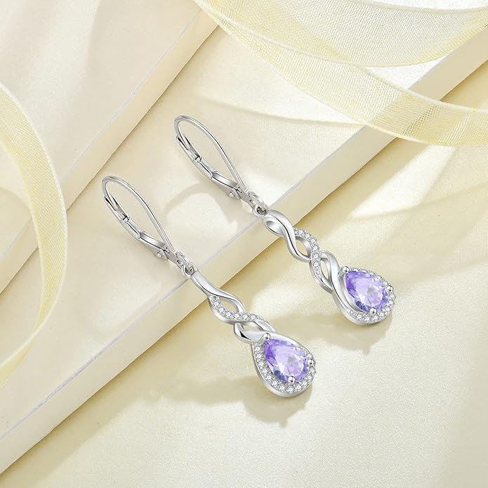 Infinity Dangle Drop Earrings for Women 925 Sterling Silver Teardrop Leverback Earrings Birthstone Jewelry Gifts for Women Wife Girlfriend Mother Daughter Her