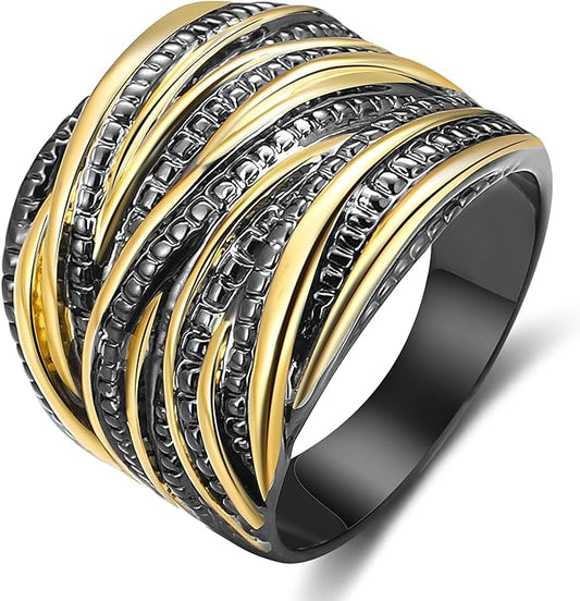 2 Tone Intertwined Crossover Statement Ring Fashion Chunky Band Rings for Women Wide Index Finger Rings Costume Jewelry
