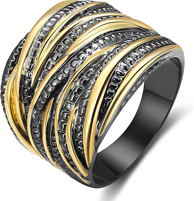 2 Tone Intertwined Crossover Statement Ring Fashion Chunky Band Rings for Women Wide Index Finger Rings Costume Jewelry