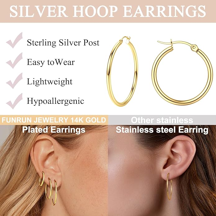 FUNRUN JEWELRY 5 Pairs 925 Sterling Silver Hoop Post Earrings for Women-Small 14K Gold Silver Hoops Earrings,Hypoallergenic Silver Hoop Earring for Women-Medium Big Hoops Stack Earring 10/14/20/30/40mm
