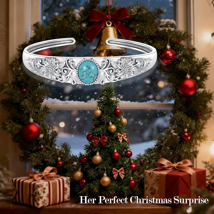 Genuine Turquoise Cuff Bracelet for Women, 925 Sterling Silver Adjustable Sunflower Bangle, Vintage Carved Boho Jewelry Gift for Christmas or Birthday