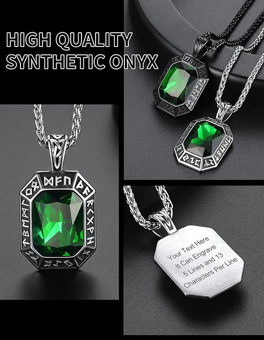 ChainsHouse Viking Rune Pendant Necklace for Men Women, Punk Biker Black Metal/316L Stainless Steel Onyx Norse Vintage Amulet Necklaces with Black/Red/Green/Blue Gemstone, Send Gift Box