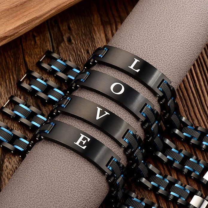 Men's initials bracelet - blue and black double spelling, men's bracelet stainless steel. Elegant and durable with gift box
