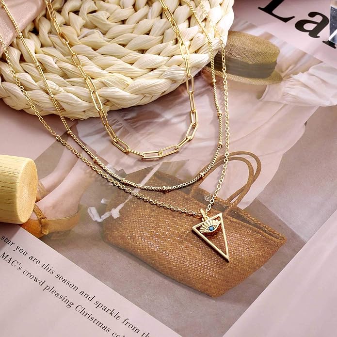 Turandoss Dainty Layered Choker Necklace, Handmade Y Pendant Necklace Multilayer Bar Disc Necklace Adjustable Layering Choker Necklaces for Women
