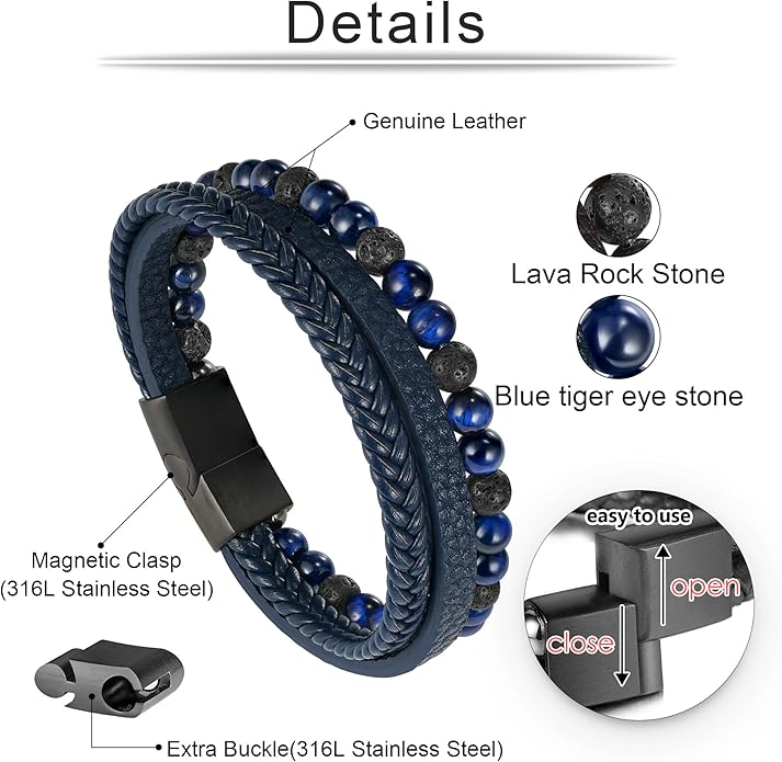 Gifts for Men - Layered Leather Beads Bracelet, Tiger Eye Lava Rock Stone Braided Leather Bracelets for Men Adjustable Magnetic Clasp Birthday Gifts